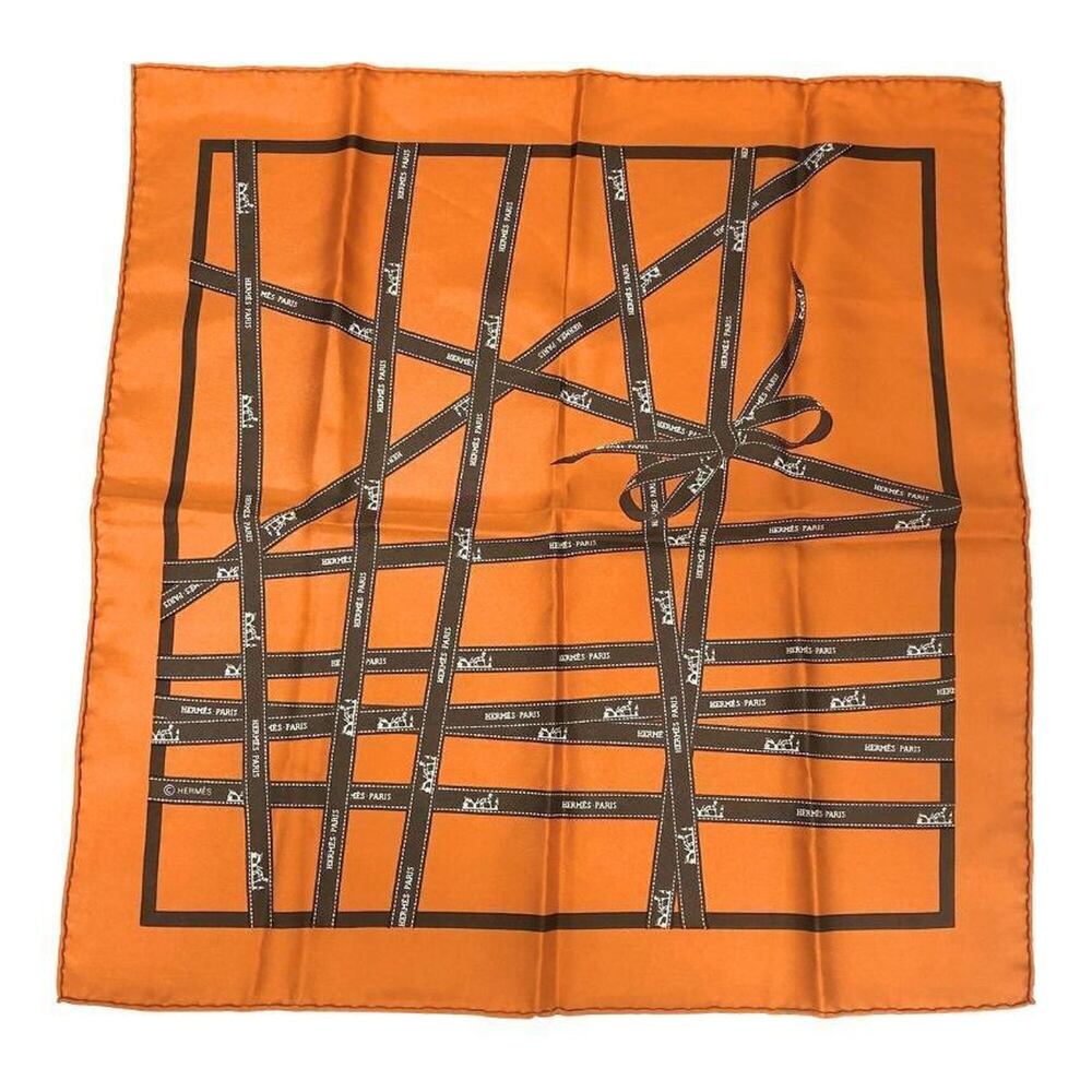 HERMES Carre 45 Scarf/Muffler, Bolduc au Carre, Ribbon Pattern, Orange, 100% ...